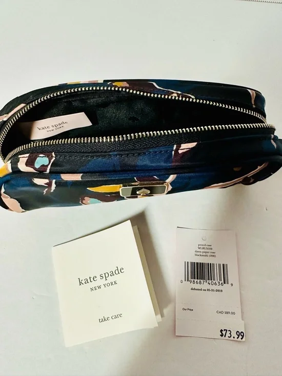 Kate Spade Pencil/Makeup/Change Bag Navy BLK Beige Abstract Flowers NWT - Picture 6 of 9